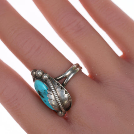 sz8 Vintage Native American silver and turquoise ring with leaf