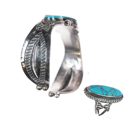 6.25" c1940's Navajo Repousse silver high grade turquoise rings/cuff bracelet