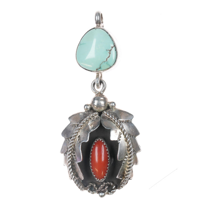 Vintage JB Native American sterling turquoise, and coral pendant