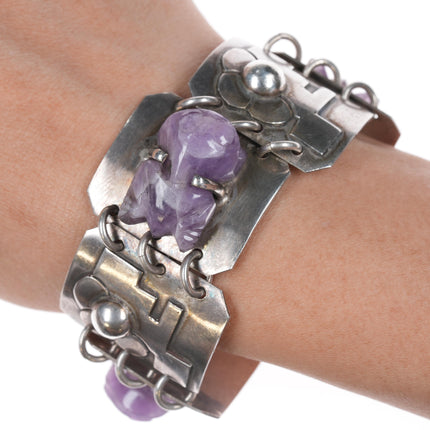 6.5" 1950's Carmen Beckmann Modernist sterling Frog carved amethyst bracelet