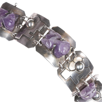 6.5" 1950's Carmen Beckmann Modernist sterling Frog carved amethyst bracelet