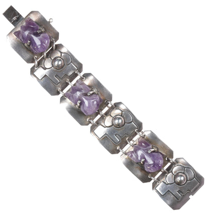 6.5" 1950's Carmen Beckmann Modernist sterling Frog carved amethyst bracelet