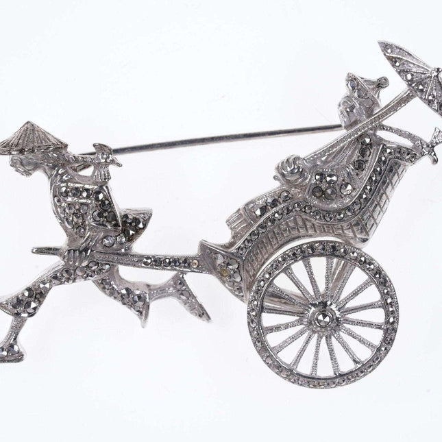 Vintage German 935 Silver Marcasite Chinoisiere Rickshaw pin rotating wheels