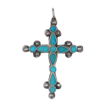 c1940's Frank Dishta Zuni silver Cross with flush inlay turquoise