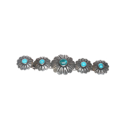 30's-40's Navajo silver hand chiseled flowers pin with turquoise