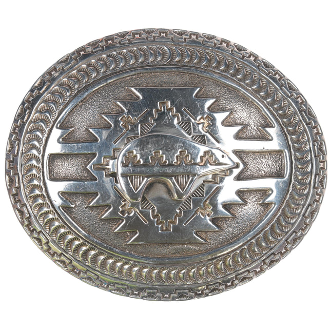 Jefferson Brown Navajo Heavy stamped silver belt buckle with bear