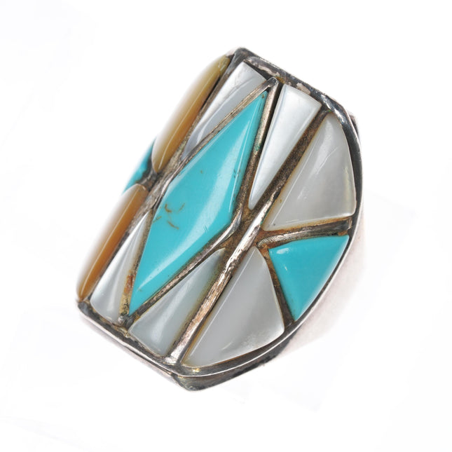 sz11 Large MT Zuni Silver, turquoise, and coral channel inlay ring