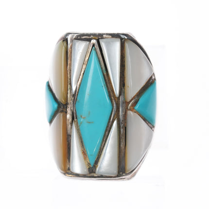 sz11 Large MT Zuni Silver, turquoise, and coral channel inlay ring