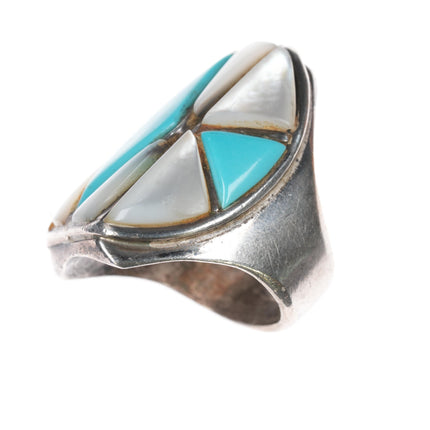 sz11 Large MT Zuni Silver, turquoise, and coral channel inlay ring