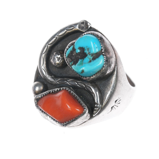 sz14 Huge Vintage Native American silver, turquoise, and coral snake ring