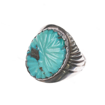 sz10.25 kk Vintage Zuni carved natural turquoise silver ring