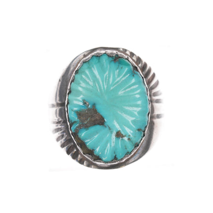 sz10.25 kk Vintage Zuni carved natural turquoise silver ring