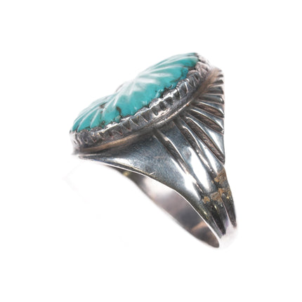 sz10.25 kk Vintage Zuni carved natural turquoise silver ring