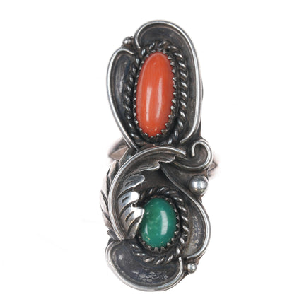 sz6.25 Bernice Bonney Navajo silver long ring with nice turquoise and coral