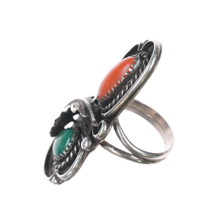 sz6.25 Bernice Bonney Navajo silver long ring with nice turquoise and coral