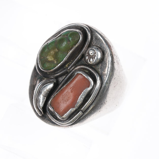 sz11.75 SD Navajo silver turquoise, and coral ring