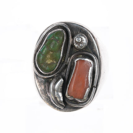 sz11.75 SD Navajo silver turquoise, and coral ring