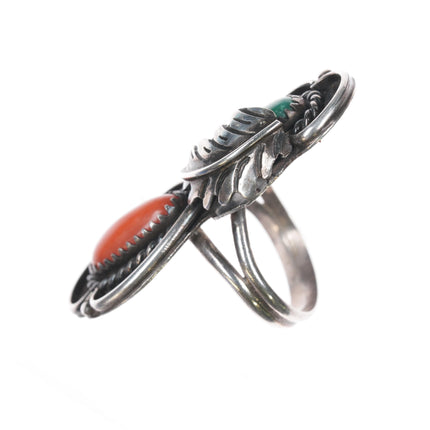 sz6.25 Bernice Bonney Navajo silver long ring with nice turquoise and coral