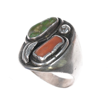 sz11.75 SD Navajo silver turquoise, and coral ring