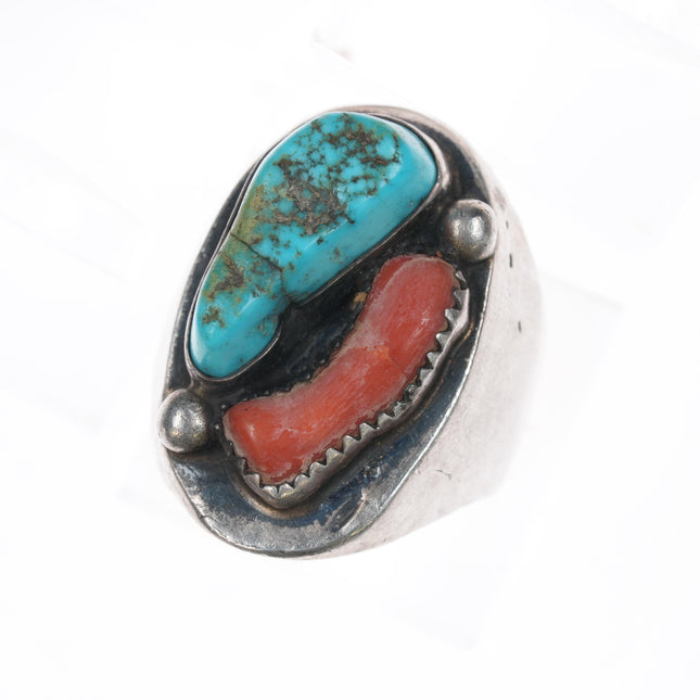 sz10 Vintage Native American silver, turquoise, and coral men's ring