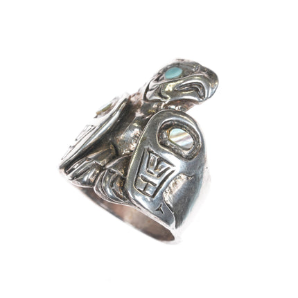 sz10.75 Patty Fawn, Cherokee/Kwakiutl Tribe silver ring with abalone inlay