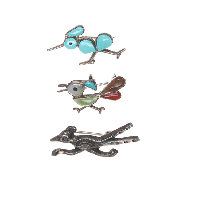 3 Vintage Zuni and Navajo silver turquoise inlay Roadrunner pins