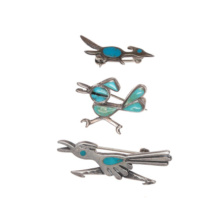 3 Vintage Zuni silver turquoise inlay Roadrunner pins