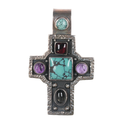 Chris Bales Elligators sterling, turquoise, Amethyst, and sea glass cross pendant