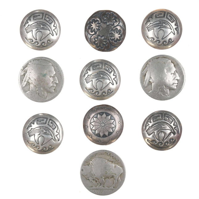 10 Vintage-Knopfhüllen aus Sterlingsilber und Büffel-Nickel mit Südwest-Prägung