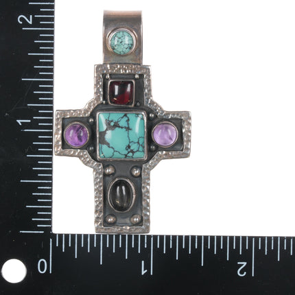 Chris Bales Elligators sterling, turquoise, Amethyst, and sea glass cross pendant