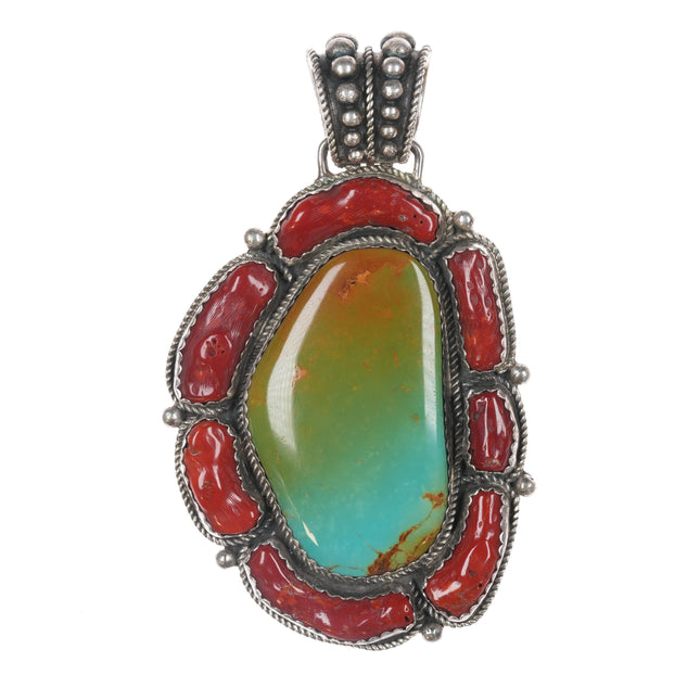 Huge Ashley Navajo sterling turquoise, and coral pendant