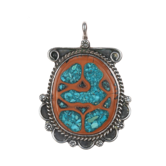 60's-70's Navajo sterling walnut shell turquoise chip inlay pendant