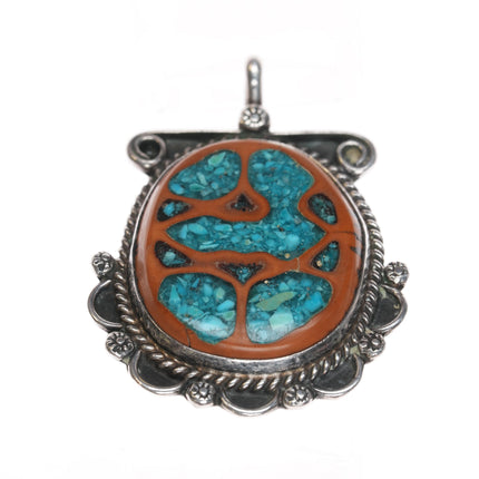 60's-70's Navajo sterling walnut shell turquoise chip inlay pendant