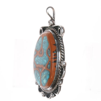 60's-70's Navajo sterling walnut shell turquoise chip inlay pendant