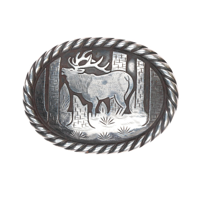 Sterling Tom Bahe Navajo belt buckle with elk