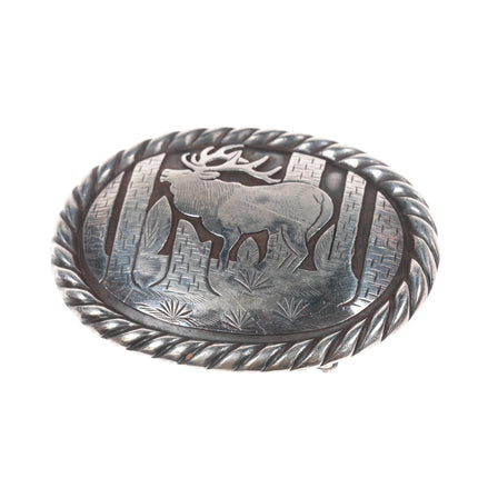 Sterling Tom Bahe Navajo belt buckle with elk