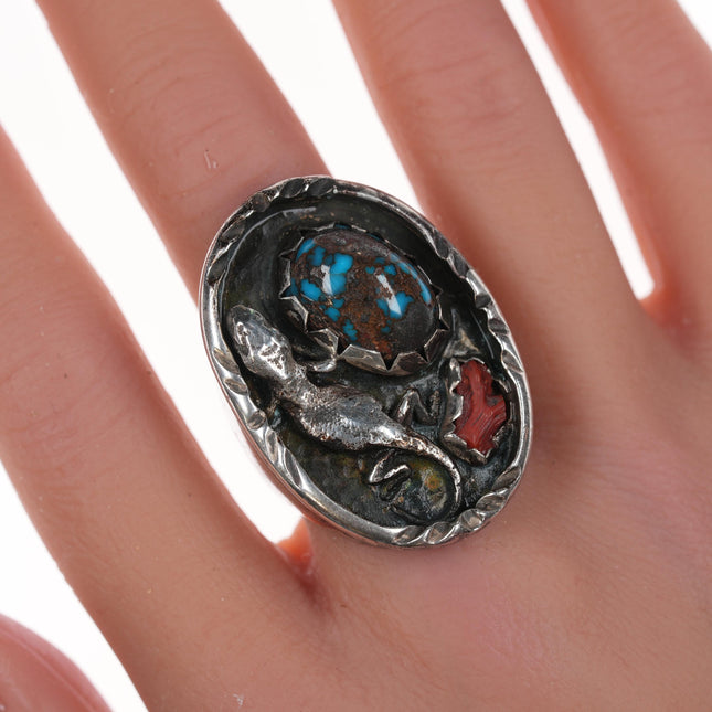 sz9 Vintage Native American Silver Lizard ring with High grade spiderweb Bisbee turquoise and coral