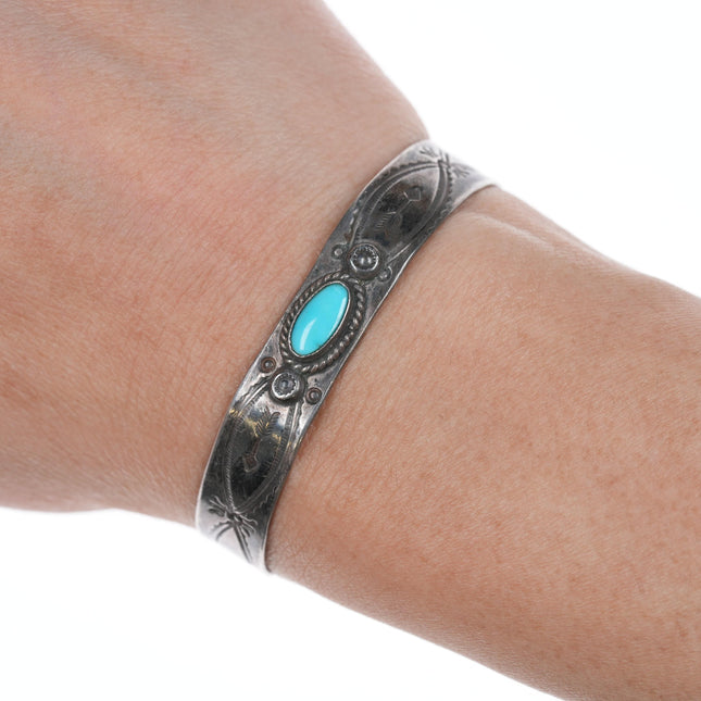 5 3/8" 30's-40's Fred Harvey Era Hand Stamped silver and turquoise cuff bracelet