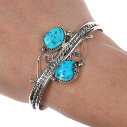 6 3/8" M Yazzie Navajo sterling and double Kingman turquoise cuff bracelet