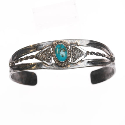 6 5/8" 30's-40's Navajo hand stamped silver cuff bracelet with turquoise