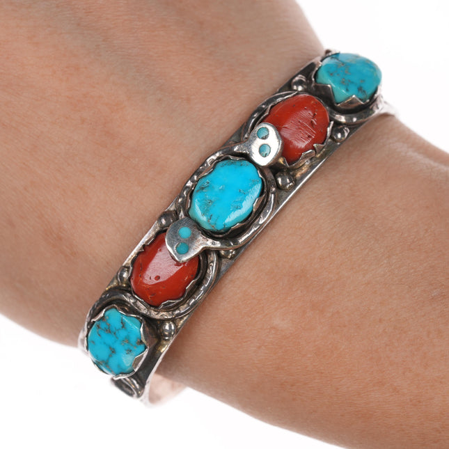 6.5" Vintage Effie Calavaza Zuni Sterling, turquoise, coral snake cuff bracelet