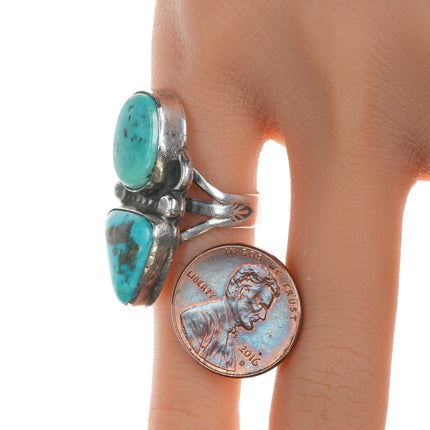 sz5.25 Chief Wolf Robe Hunt (1905-1977) Acoma silver double turquoise ring