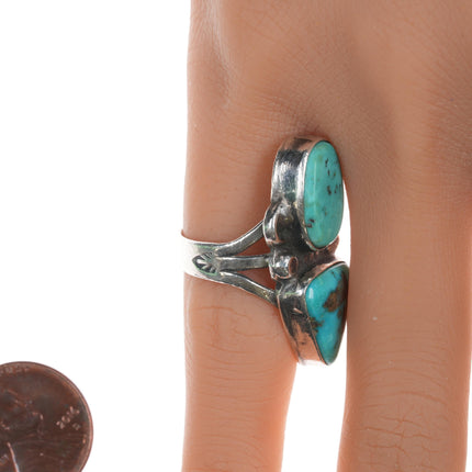 sz5.25 Chief Wolf Robe Hunt (1905-1977) Acoma silver double turquoise ring