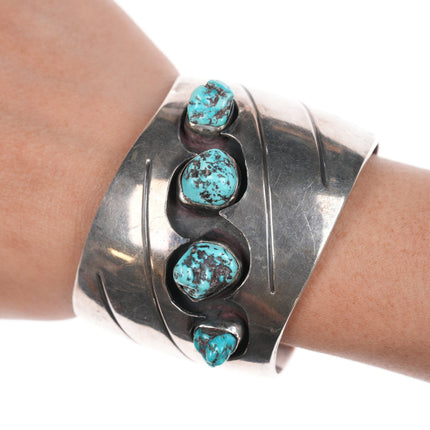 6.25" Heavy vintage Navajo silver and turquoise shadowbox cuff bracelet