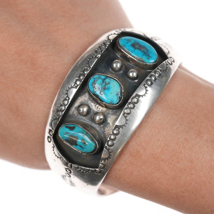 6 3/8" vintage Navajo shadowbox silver and turquoise cuff bracelet