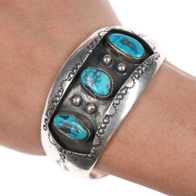 6 3/8" vintage Navajo shadowbox silver and turquoise cuff bracelet