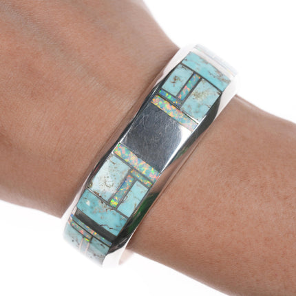 6 3/8" Jerry Nelson Navajo silver Opal and Turquoise channel inlay cuff bracelet