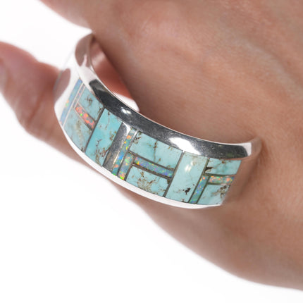 6 3/8" Jerry Nelson Navajo silver Opal and Turquoise channel inlay cuff bracelet