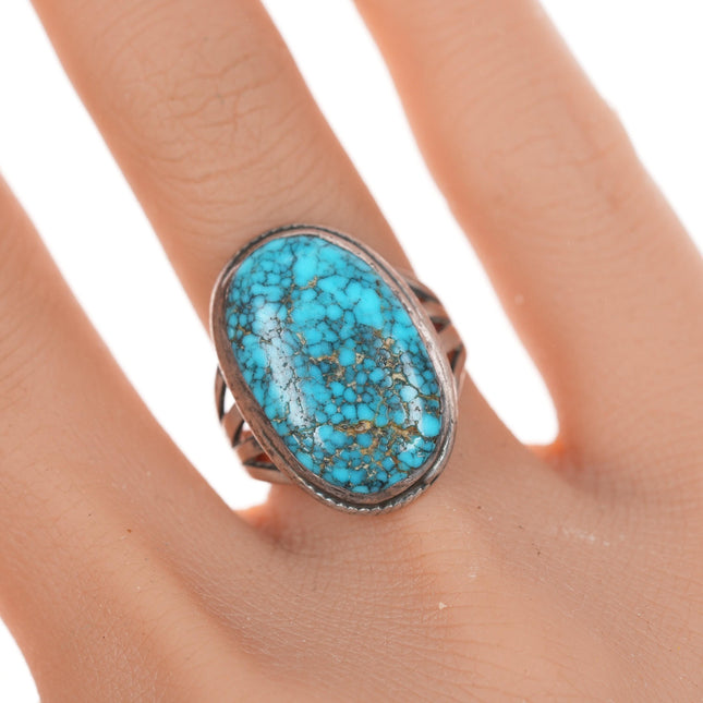 sz7 30's-40's Navajo silver spiderweb turquoise ring