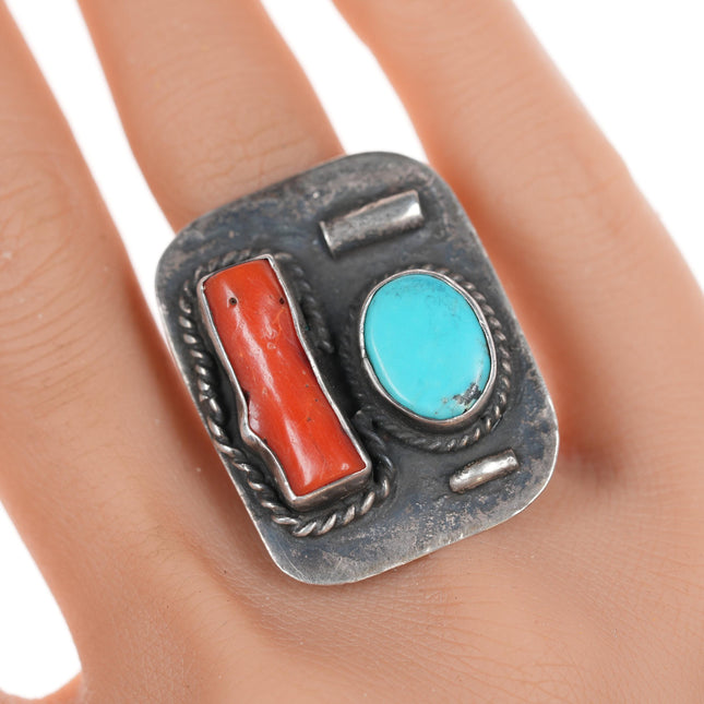 sz8 Large Vintage Native American silver, turquoise/coral ring